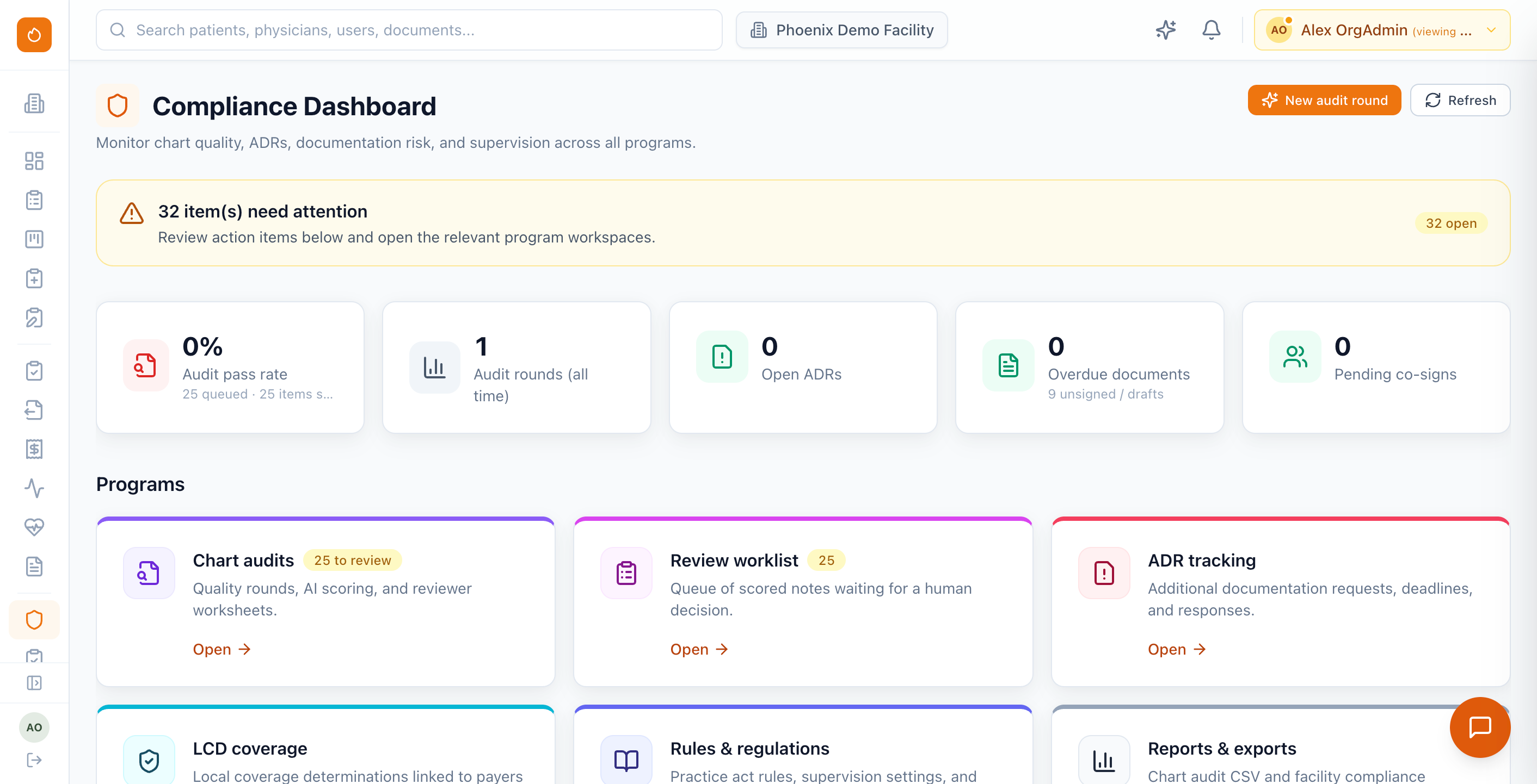 Phoenix Therapy compliance dashboard showing audit pass rates, open ADRs, and overdue documents.