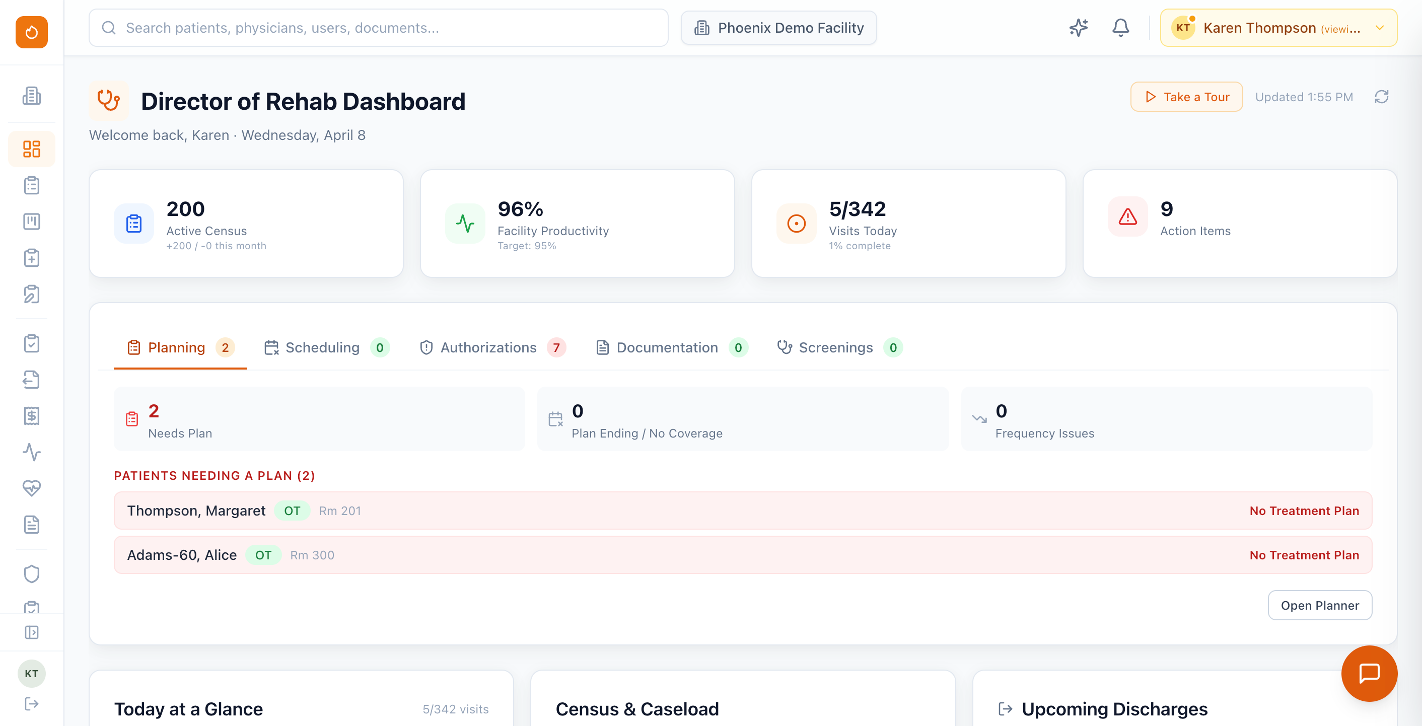 Phoenix Therapy Director of Rehab dashboard — facility census and productivity, workflow tabs for planning and scheduling, today at a glance, census by discipline, pending time off, and staff productivity.