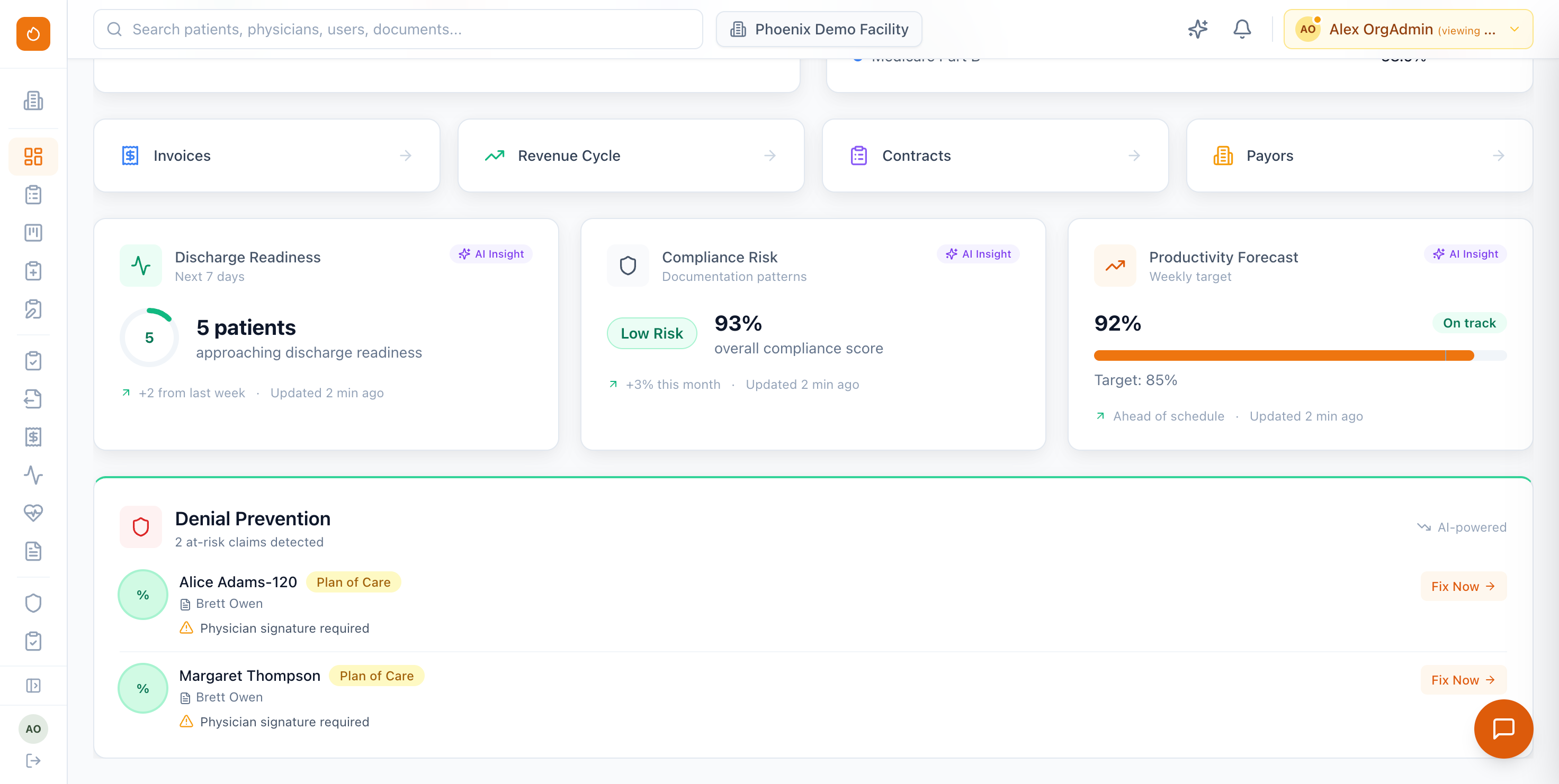 Phoenix Therapy executive dashboard AI insights showing discharge readiness predictions, compliance risk score at 93%, productivity forecast at 92% on track, and denial prevention with 2 at-risk claims requiring physician signatures.