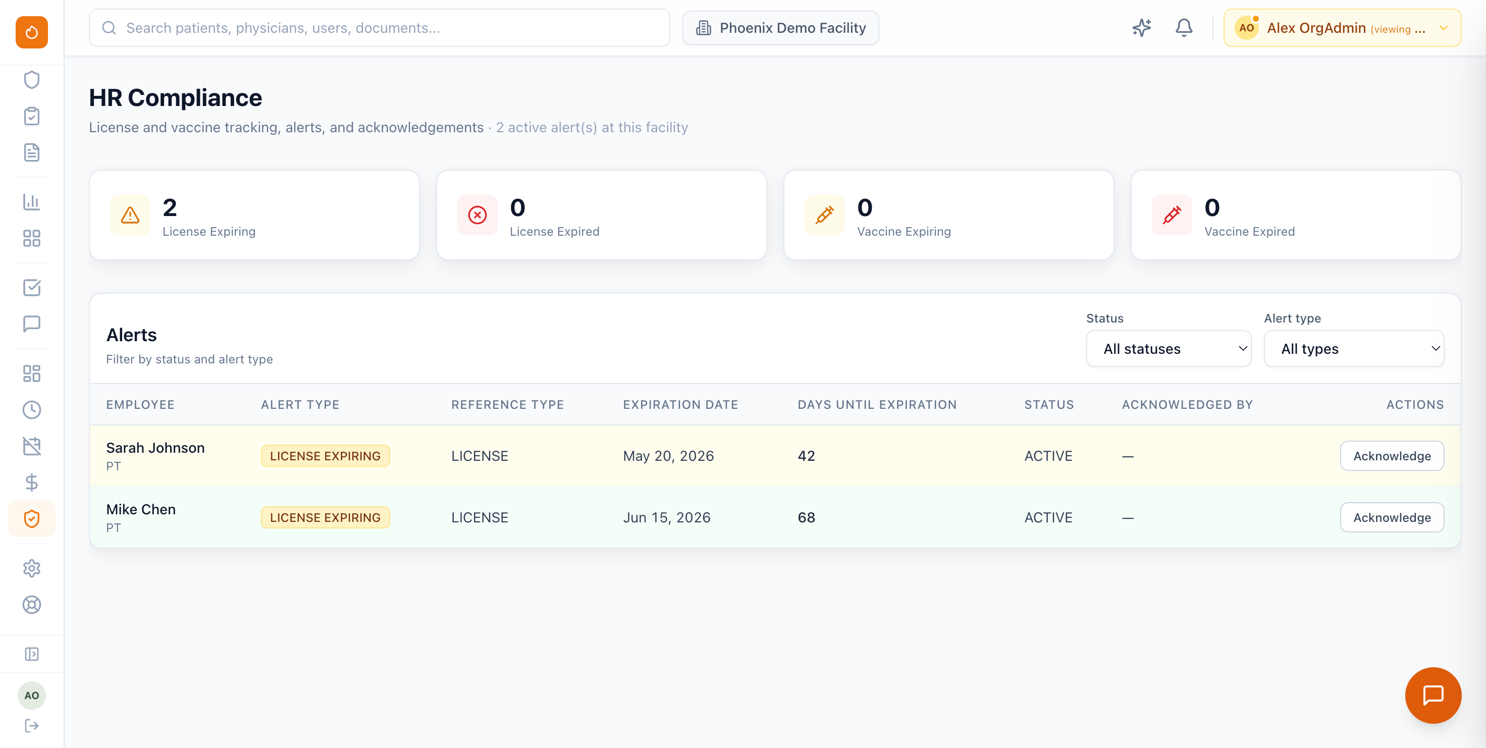 Phoenix Therapy HR compliance dashboard showing license expiring alerts, vaccine tracking, expiration dates, days until expiration, and acknowledgement actions.