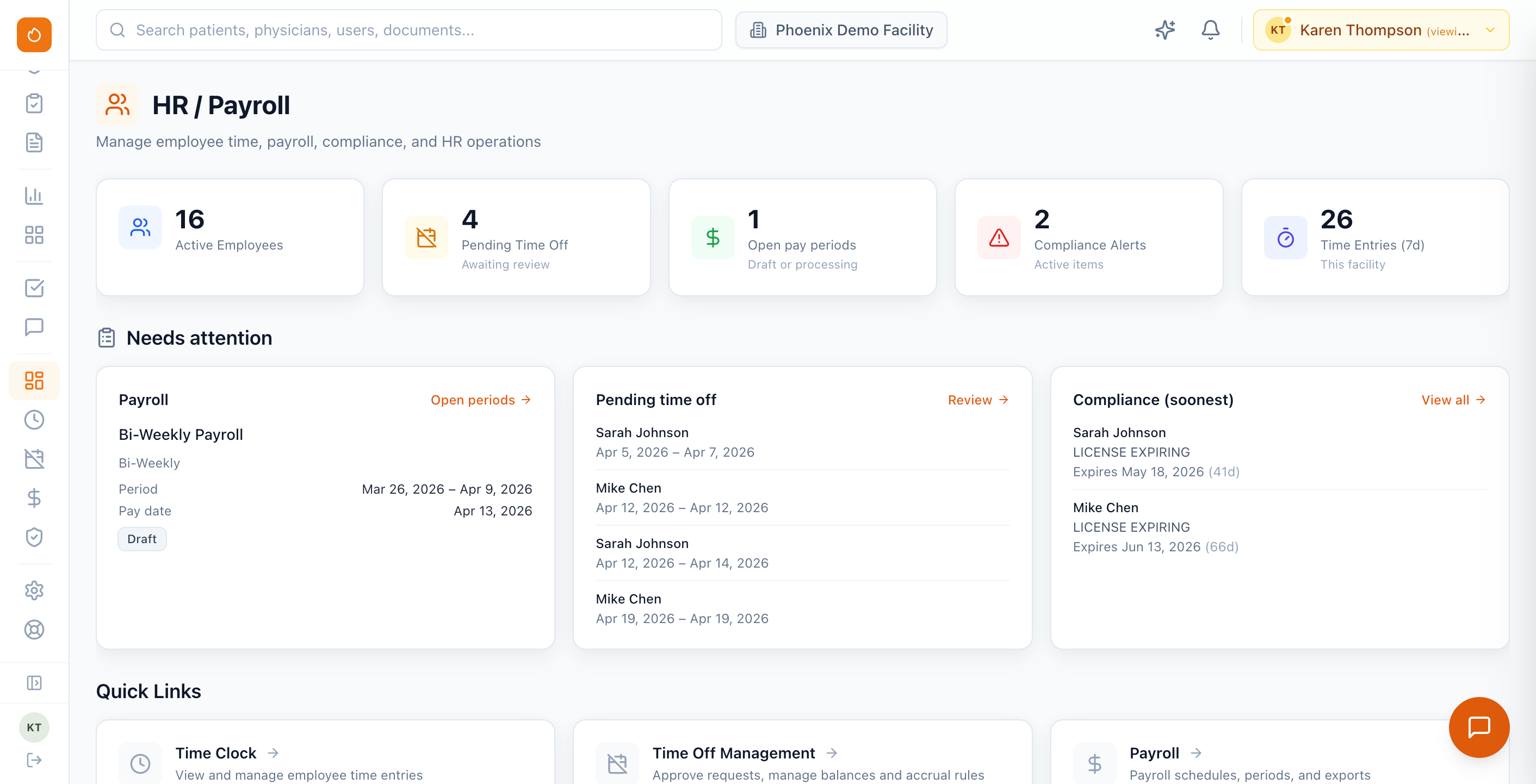 Phoenix Therapy HR dashboard showing active staff count, credential expiration alerts, upcoming PBJ deadlines, open positions, and time-off requests across facilities.