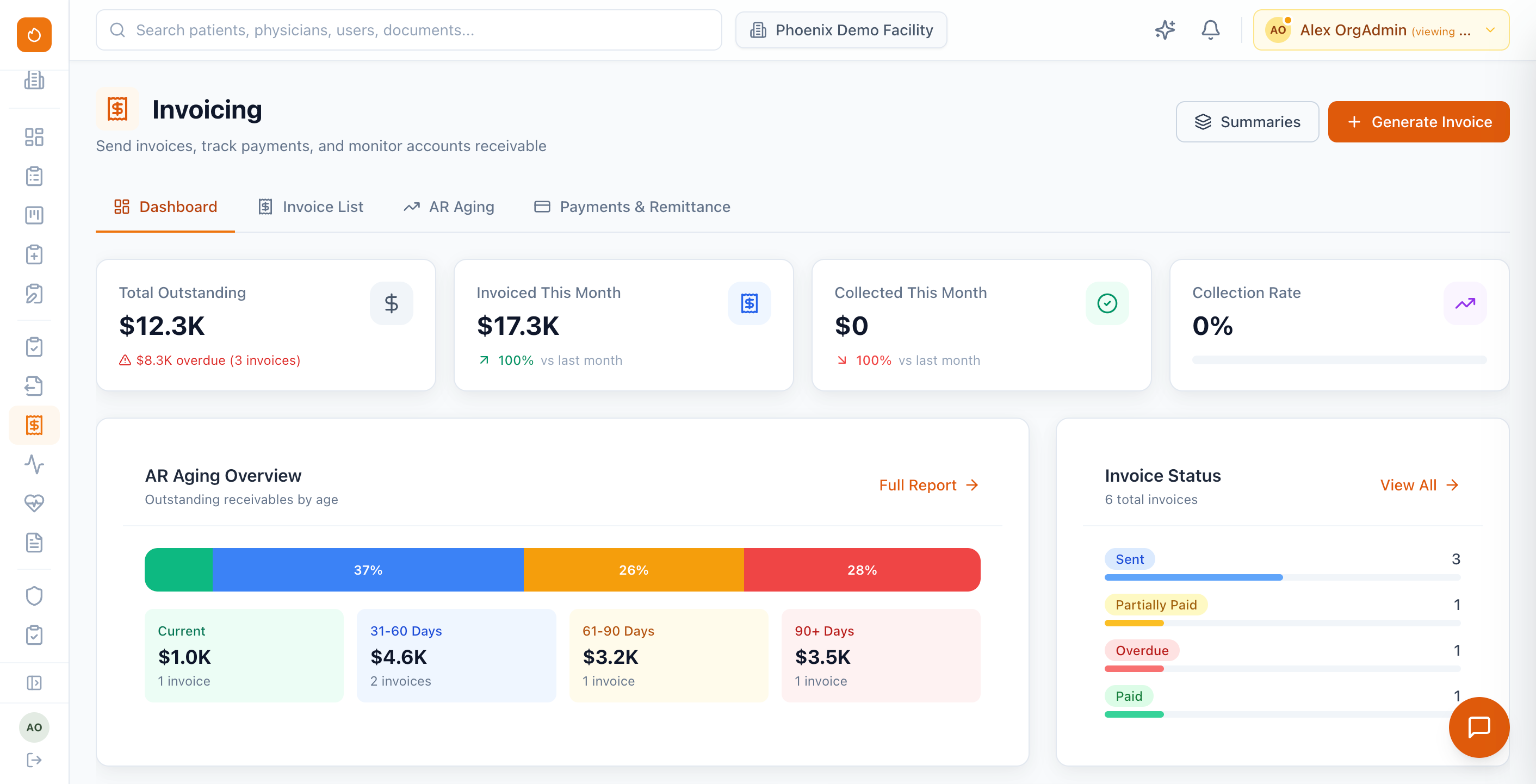 Phoenix Therapy invoices dashboard showing invoice list with status filters, payment amounts, facility breakdown, and date ranges for therapy billing management.