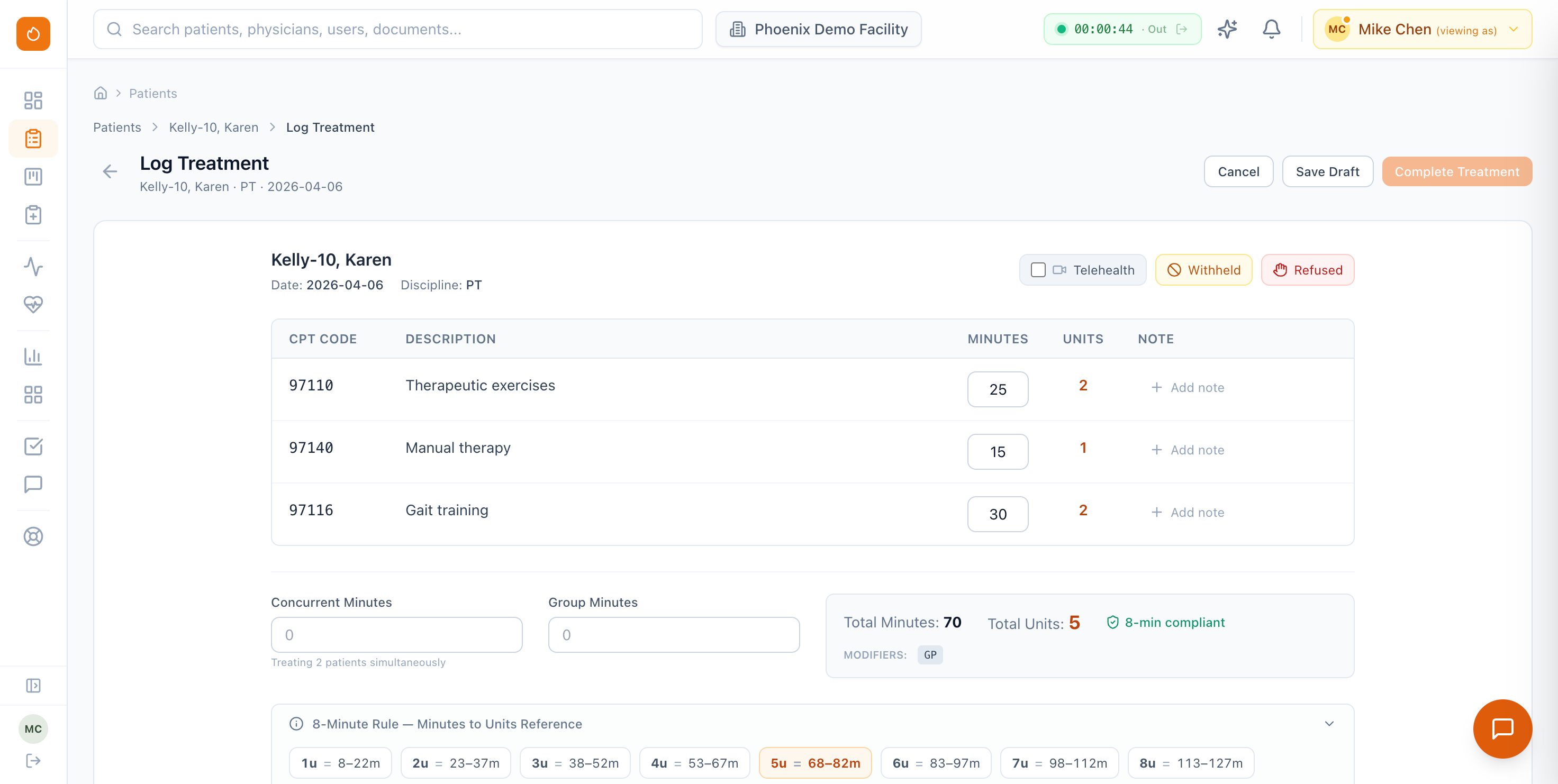 Phoenix Therapy Log Treatment — CPT lines with minutes and units, payor note rules, 8-minute rule compliance, and sign-off workflow.