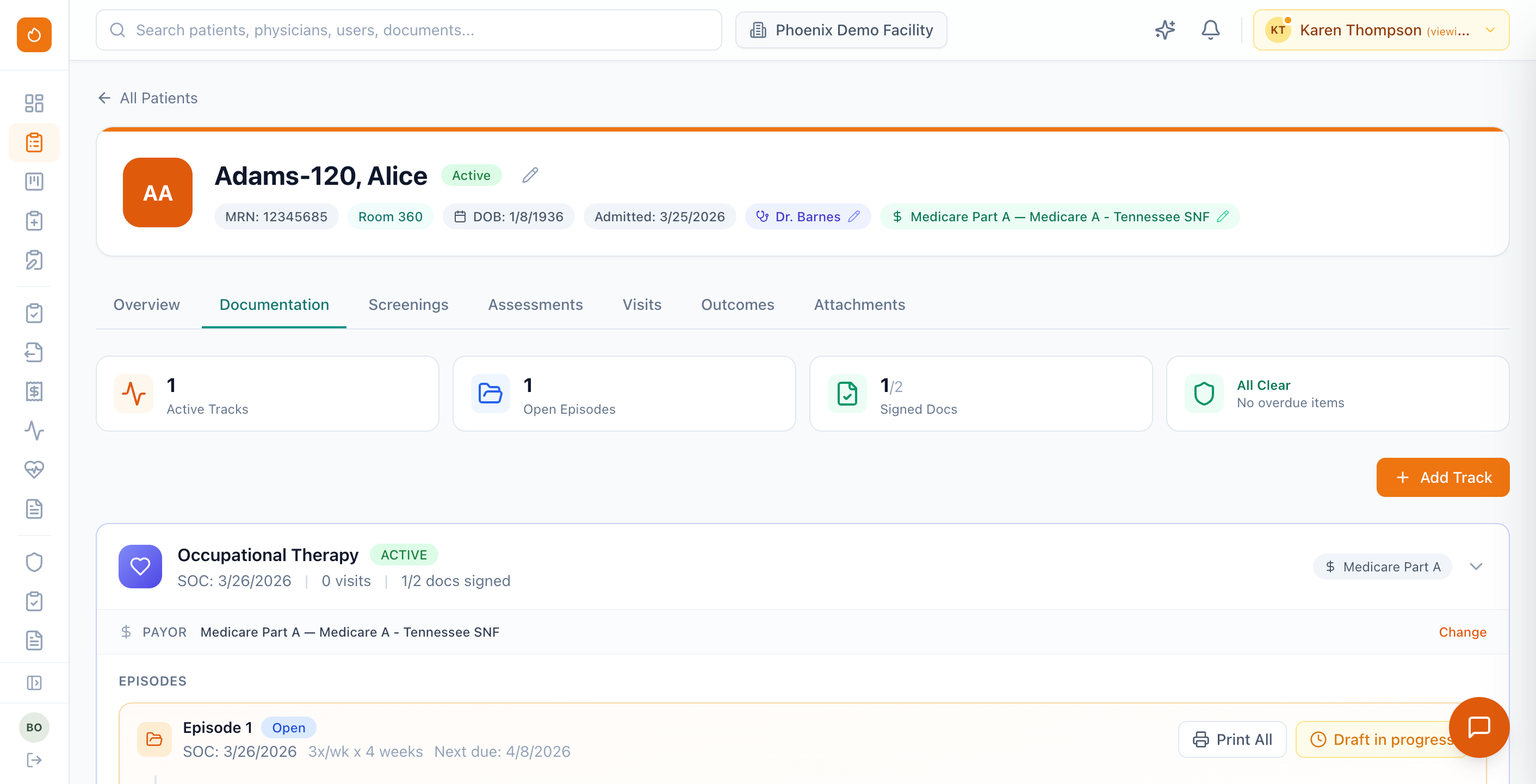 Phoenix Therapy patient overview showing demographics, active episodes, treatment history, and clinical documents.