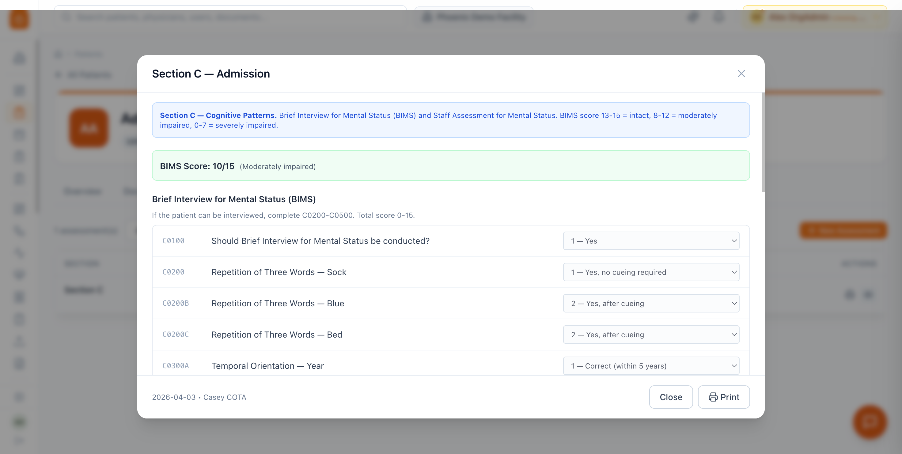Phoenix Therapy patient screenings with standardized assessment scores, outcome trends, and goal progress tracking.
