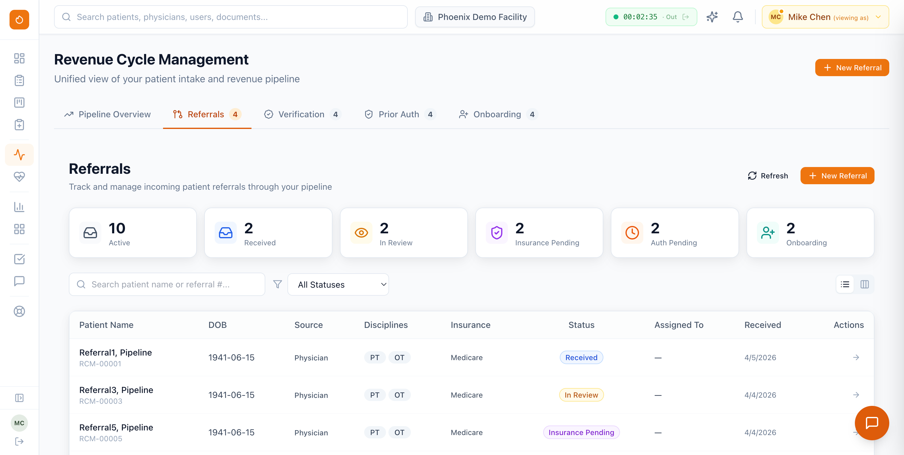 Phoenix Therapy billing close-out view — checklist for unsigned documents, CPT validation, minutes reconciliation, and batch processing.