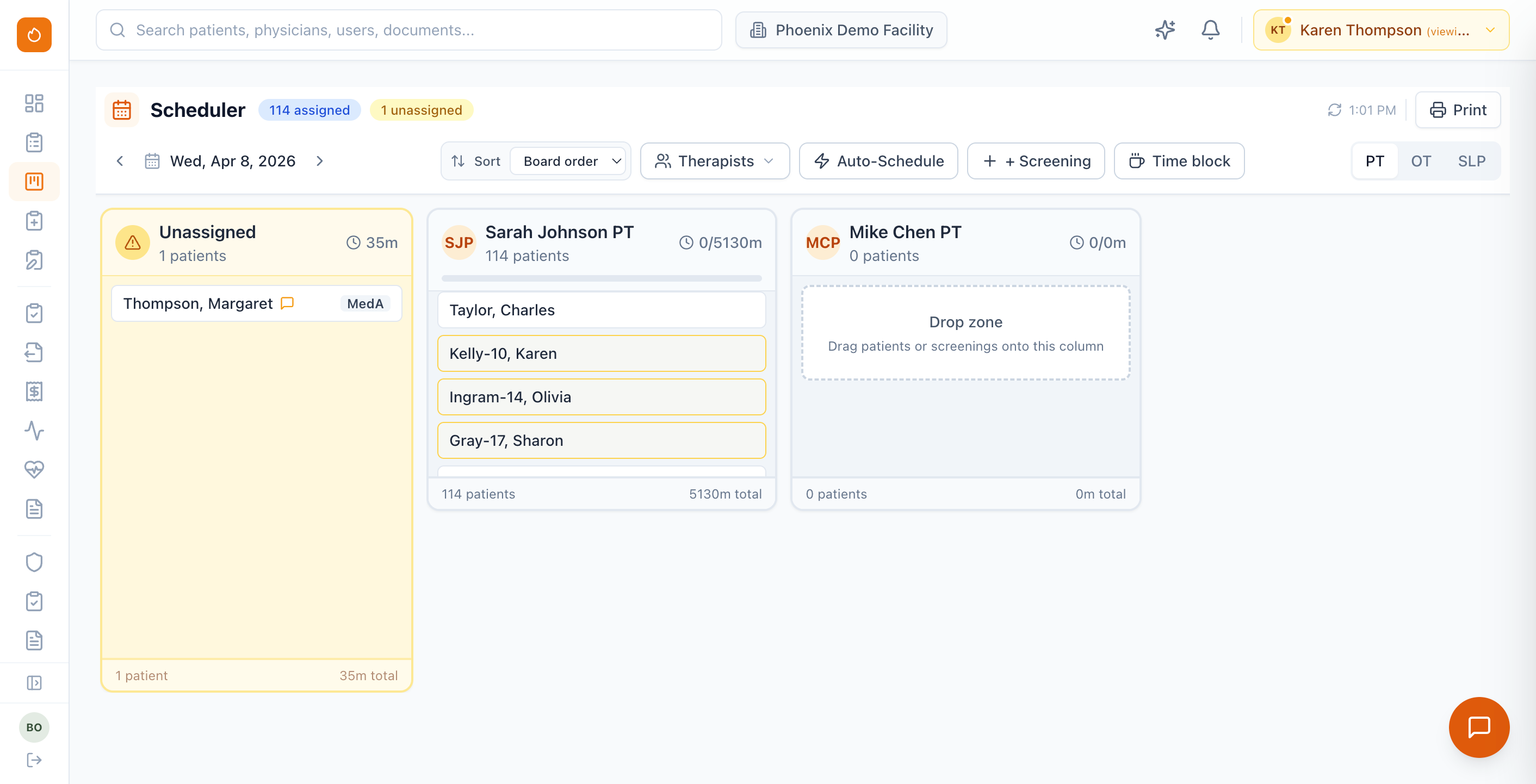 Phoenix Therapy scheduling board with therapist columns and visit assignments across facilities.