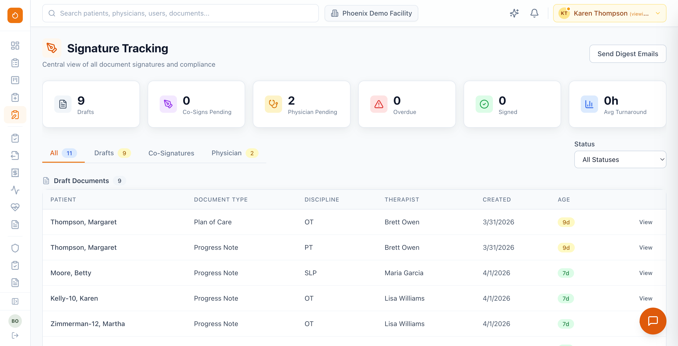 Phoenix Therapy Signature Tracking — summary KPIs for drafts, co-signs, and physician signatures; filtered tabs; draft and physician signature queues with patient, document type, and status.