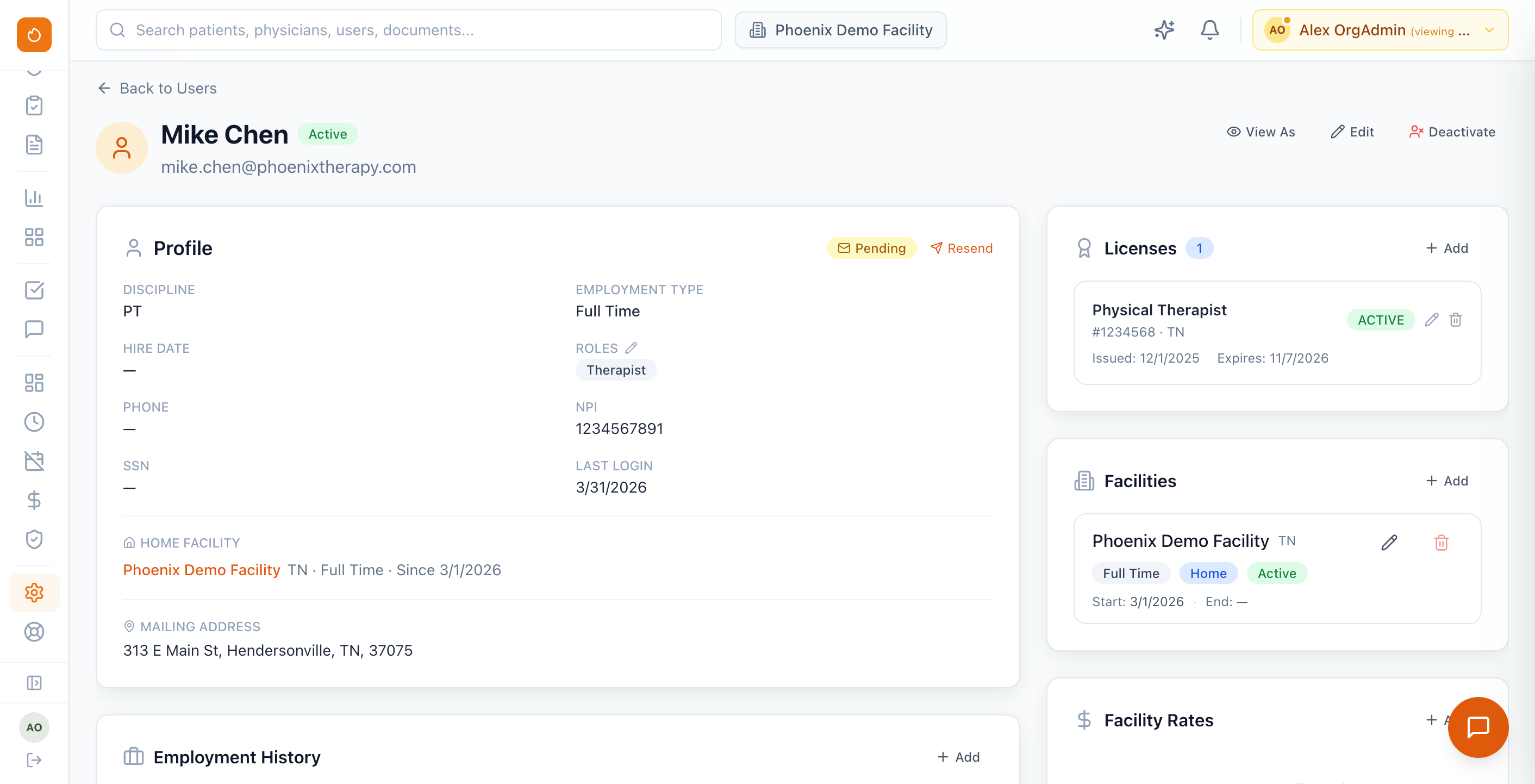 Phoenix Therapy staff profile showing credentials, licenses, facility assignments, and compliance status.