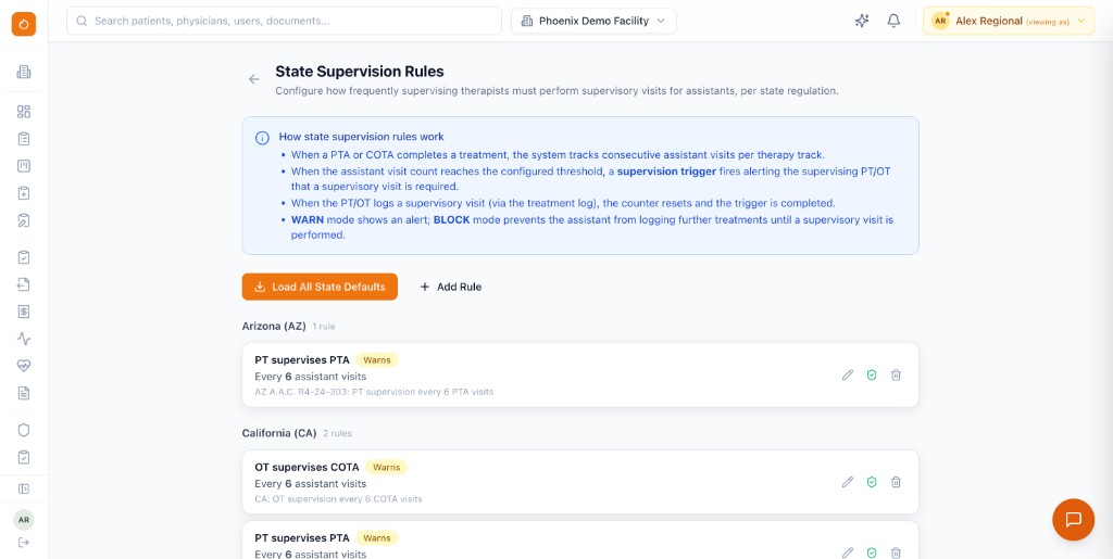 Phoenix Therapy state supervision rules configuration showing Arizona and California PTA and COTA rules with warn-or-block enforcement, visit frequency thresholds, and state regulation citations.